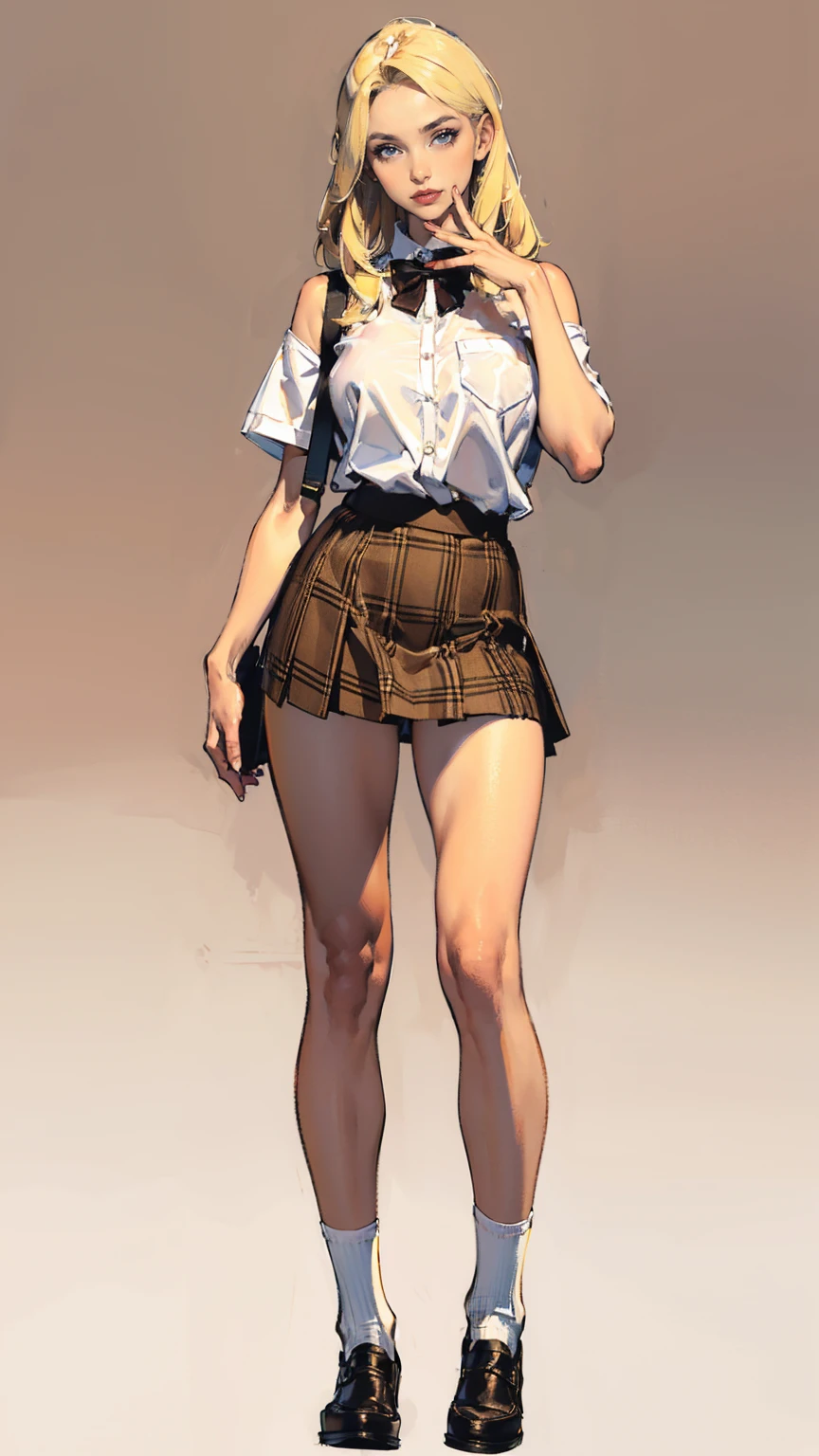 ((best quality,4k,highres,masterpiece:1.2)),((character concept art)), 1 female, teenage female, 15-year-old Asian beauty queen, ((blonde shoulder-length hair)), bleached hair, (tan skin colour), ultra finely detailed eyes (brown eyes colour), confident, beautiful, , slim body build, ((intricate detail)), super finely detailed hands, ultra finely detailed fingers(((ten fingers))), wearing cropped white short sleeves school shirt with loosened bowtie, plaid mini school skirt, thigh-high school socks, and black school loafers, (standing provocatively), (full body showcase), (show full body), (no logos on background), (no logo), ((plain background)), ((plain background)), (((empty background)))