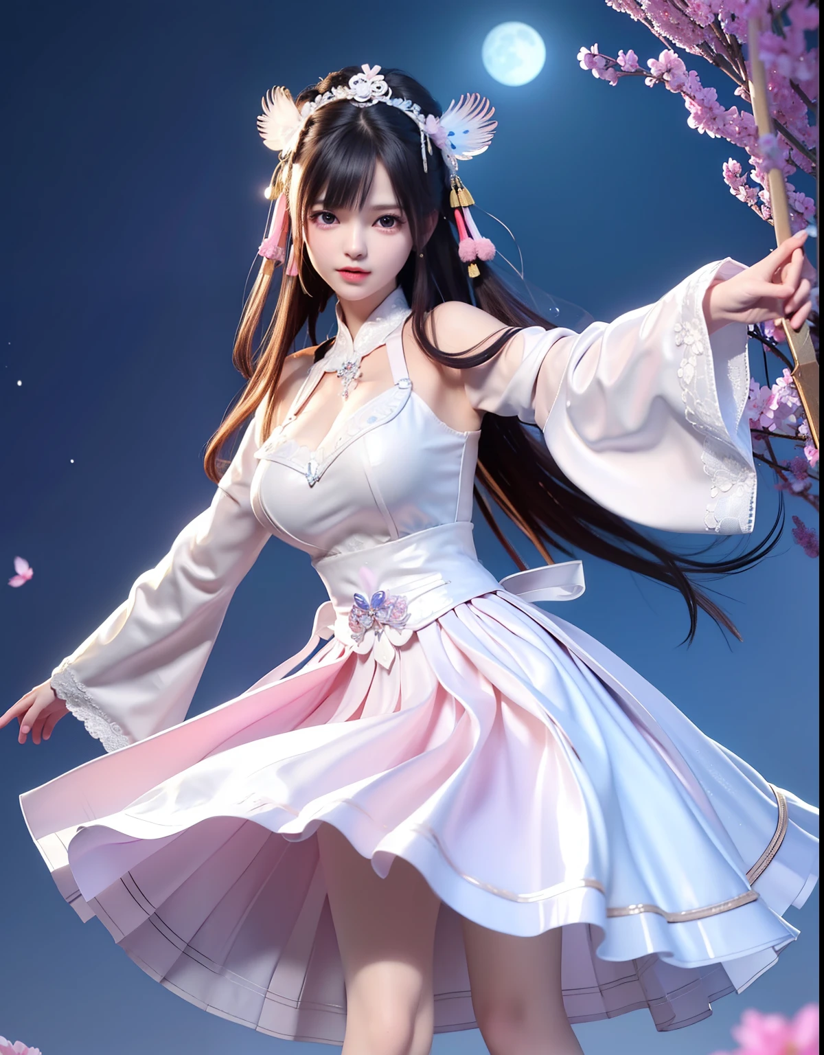 (8k, RAW photo:1.2), best quality, ultra high res,dramatic angle,(fluttered detailed color splashs), (illustration),(((1 girl))),(long hair),(rain:0.9), (Headdress:1.4),There is an ancient palace beside the girl,Hanfu,(Key Points),Color ink painting,(Splash of Color),Splash of Color,(((colorful))),(sketch:0.8) , Masterpiece, best quality, beautiful painted, highly detailed,(denoising:0.6),[splash ink],((ink refraction)), (beautiful detailed sky),moon,highly,detaild,(masterpiece, best quality, extremely detailed） CG Unity 8k Wallpaper，masterpiece，best quality，Ultra Detailed），（Lycoris）.shoulder ballet dress open V-chested clothes Thin silk lace dress short skirt , (huge ，cleavage),, white pink, blue ，best qualtiy，tmasterpiece，Ultra-high resolution，（Reality：1.4），RAW photogr，（True skin texture：1.3），（filmgrain：1.3），（Selfie angle），1个Giant Breast Girl，Beautiful eye and face details，tmasterpiece，Best quality at best，，The chest more exposed， detailed hair, bra pink purple , detail 8k, full body, lace petticoat, fan handle