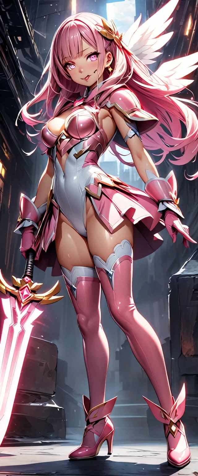 (Perfect Anatomy)、Mastepiece、Ultra High Quality、 8K、masterpiece、Highest quality、Ultra-high resolution、Maximum resolution、Very detailed、Professional Lighting、anime、woman、thin、so beautiful、Highly detailed eye、Highly detailed face、Golden earrings、Pink Hair,、Pink eyes、Mid-chest, pink lips, upper arm pink armor, white leotard, pink pattern, full body, magical girl, Angel Girl, Are standing, pink thigh high stockings, white super long boots, pink gauntlet, high heels, hime cut, bridal hair accessory, Summoning a magic sword, pigeon toed, glowing eyes, stick tongue out