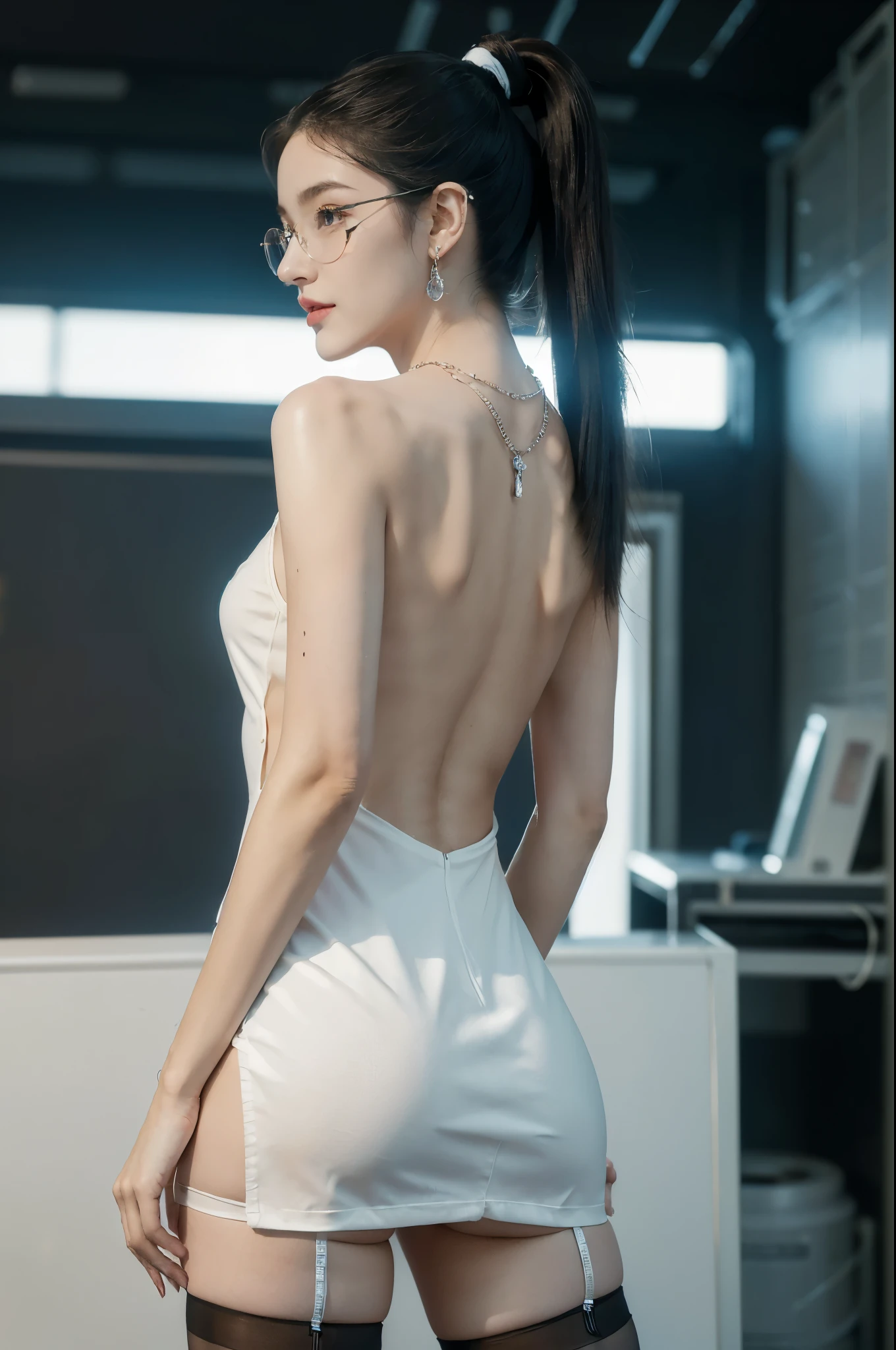 (((best quality))),(((ultra detailed))),(((masterpiece))),illustration,((1 beautiful girl,solo)),((slim,thin)),futuristic laboratory, ((stylish glasses,detailed eyes)), intelligence, white lab coat,(short ponytail:1.2), flawless skin,(laughing:1.2),((earrings,crystal necklace)),(stockings:1.3), cyberpunk vibe, high-tech equipment, darkened lighting, high-altitude lamps, beakers, flasks, test tubes, computer screens, consoles, terminals, scientific wonderland, desolate surroundings, time warp, motionless, deep in concentration, profound scientific mystery, secrets of the universe, beauty, poignancy, essence of science, mystery, alluring appeal, captivating, enchanting,((upper body,from back,bare back,towering hips,butt crack))