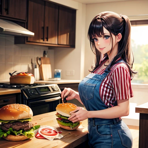 American woman making a giant hamburger