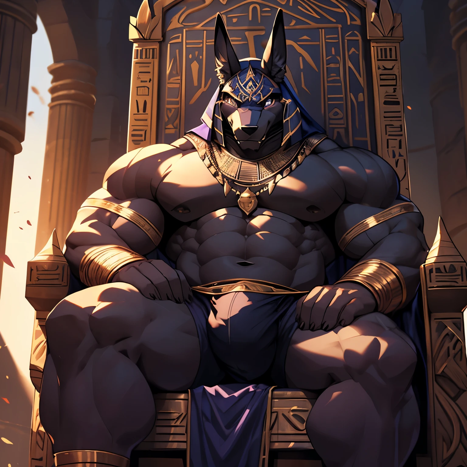 anubis jackal，Behemoth，4k HD，wallpaper, egyptian armor, anubis mask, sitting on a throne, (bara pecs: 1.4), (dense oversized huge pecs: 1.1), (big crotch bulge: 1.5), purple thong, dark dramatic lighting, epic, dutch angle