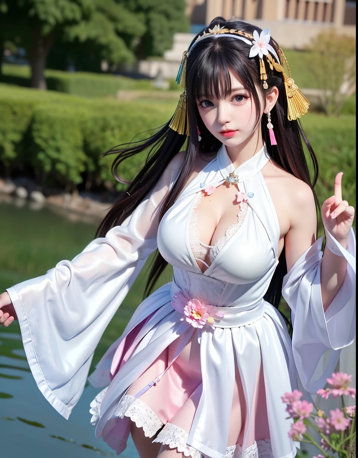 (8k, RAW photo:1.2), best quality, ultra high res,dramatic angle,(fluttered detailed color splashs), (illustration),(((1 girl))),(long hair),(rain:0.9), (Headdress:1.4),There is an ancient palace beside the girl,Hanfu,(Key Points),Color ink painting,(Splash of Color),Splash of Color,(((colorful))),(sketch:0.8) , Masterpiece, best quality, beautiful painted, highly detailed,(denoising:0.6),[splash ink],((ink refraction)), (beautiful detailed sky),moon,highly,detaild,(masterpiece, best quality, extremely detailed） CG Unity 8k Wallpaper，masterpiece，best quality，Ultra Detailed），（Lycoris）.shoulder ballet dress open V-chested clothes Thin silk lace dress short skirt , (huge ，cleavage),, white pink, blue ，best qualtiy，tmasterpiece，Ultra-high resolution，（Reality：1.4），RAW photogr，（True skin texture：1.3），（filmgrain：1.3），（Selfie angle），1个Giant Breast Girl，Beautiful eye and face details，tmasterpiece，Best quality at best，，The chest more exposed， detailed hair, bra pink purple , detail 8k, full body, lace petticoat, fan handle