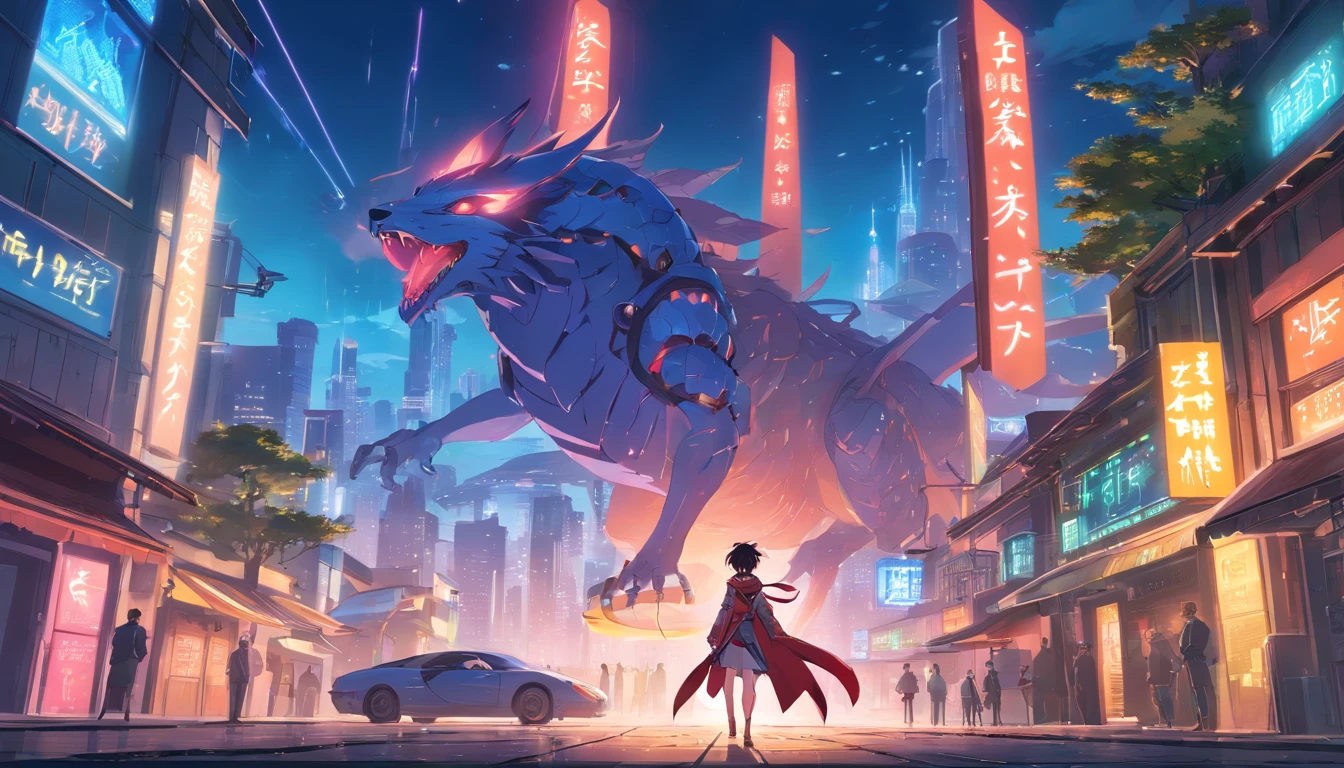 Ancient anime style, artbook, comicbook, RPG, futuristic medieval.  Warrior in dragon rat armor, with human face with glowing magic tattoos, red neon details, with technological medieval armor with glowing magic marks, full body, sword with long handle with glowing magic marks.  Epic scene, wide and deep scenery, with several depth planes, stylish and dynamic pose.  In the middle of a retro atompunk magical metropolis, mixing technology and vegetation, buildings with neon details and glowing magical vegetation, technological magical airships with glowing details in the sky.