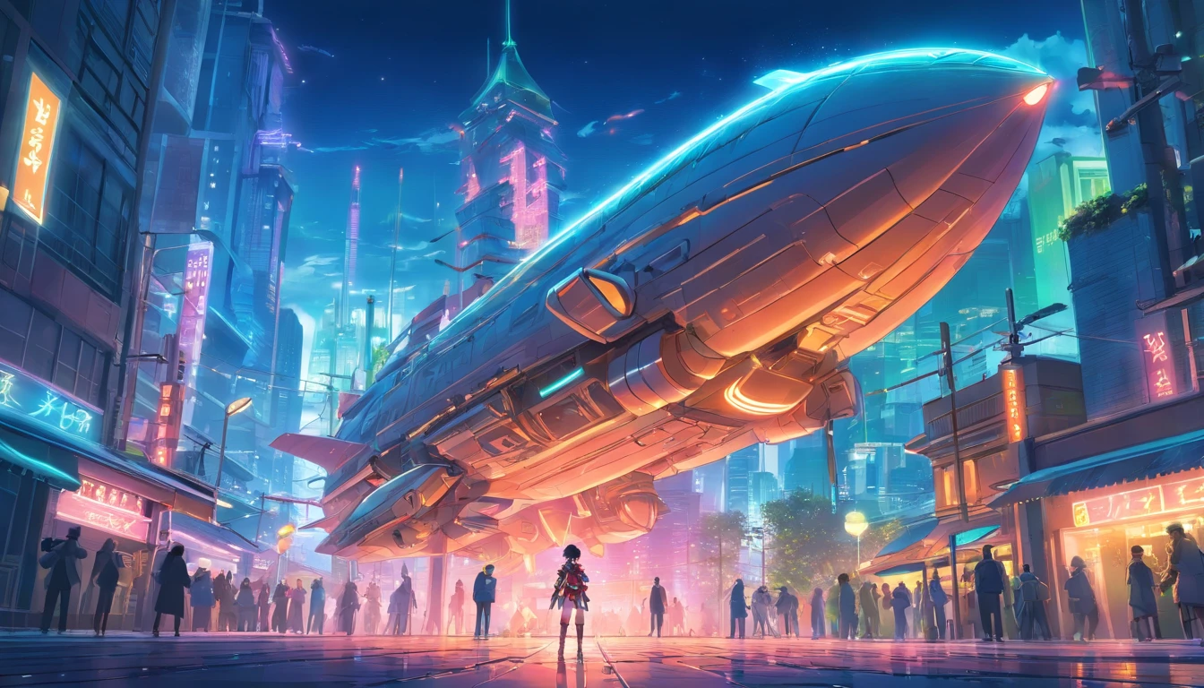 Ancient anime style, artbook, comicbook, RPG, futuristic medieval. Warrior in dragon rat armor, with human face with glowing magic tattoos, red neon details, with technological medieval armor with glowing magic marks, full body, sword with long handle with glowing magic marks. Epic scene, wide and deep scenery, with several depth planes, stylish and dynamic pose. In the middle of a retro atompunk magical metropolis, mixing technology and vegetation, buildings with neon details and glowing magical vegetation, technological magical airships with glowing details in the sky.