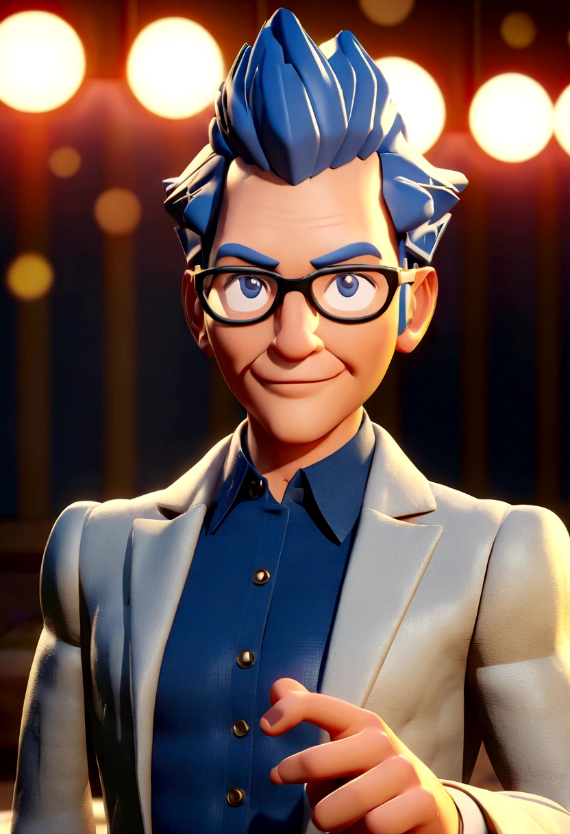 Cartoon character of a man wearing black glasses and a blue shirt, um personagem animado, Caractere estilizado, animation style rendering, 3D estilizado, Arnold Maya render, 3 d render stylized, toon render keyshot, Personagem 3D, Personagem 3D, 3d rendering stylized, 3 d character render, personagem de desenho animado, Personagem de close up, Pose de personagem, (Estilo Pixar) (master part:1.2) (Bokeh) (best quality) (pele detalhada) (textura detalhada) (8k) (argila) (Cinematic lighting) (foco nítido,Senta e vaza a parte superior do corpo