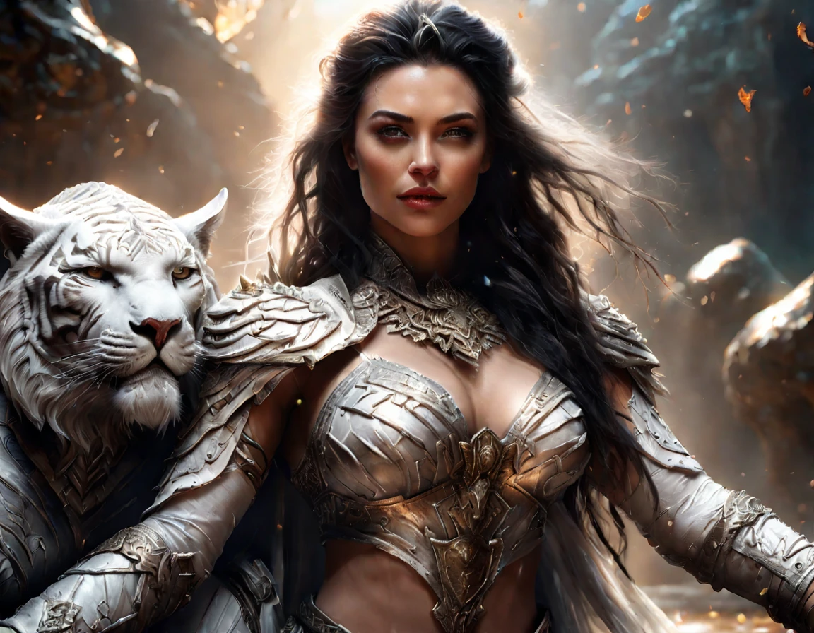High details, best qualityer, 16K, cru, [ultra detaild], work of art, best qualityer, (extremely detaild), dynamic angle, ultra wide photo, cru, photorrealistic, Fantasyart,, rpg art, realist art, a wide-angle image of a human druid and her pet white tiger, priest of nature, Nature Cleric, whole body, [[anatomically correcte]]. woman groping (1.5 details Intricate, work of art, best qualityer) talking to a white tiger (details Intricate, work of art, best qualityer: 1.5) In the wilderness  (details Intricate, work of art, best qualityer: 1.5), a woman wearing leather clothes ( (details Intricate, work of art, best qualityer: 1.4) leather boots, thick hair, long hair, chestnut hair, fair skin intense brown eyes, desert background (intense details), a stream flowing into an oasis ( (details Intricate, work of art, best qualityer: 1.5), natta, moon light, stele ( (details Intricate, work of art, best qualityer: 1.5)), dynamic angle,  (details Intricate, work of art, best qualityer: 1.5)), High details, best qualityer, high resolution, Ultra Wide Angle, drkfntasy