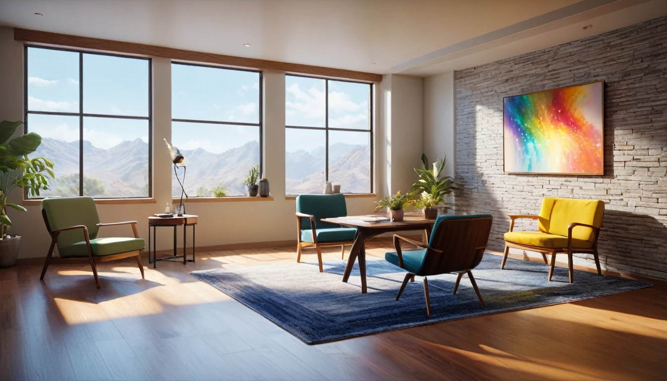 An ultra detailed, 16:9 aspect ratio image of a warm, inviting therapy office. A compassionate therapist and client engaged in conversation. Emotional energy visualized as colorful streams connecting them. Hyper realistic, digital art, soft lighting, cinematic, perfect contrast, high sharpness, depth of field, ultra detailed photography, global illumination, smooth, ultra high definition, 8k, unreal engine 5, ultra sharp focus, award winning photograph.