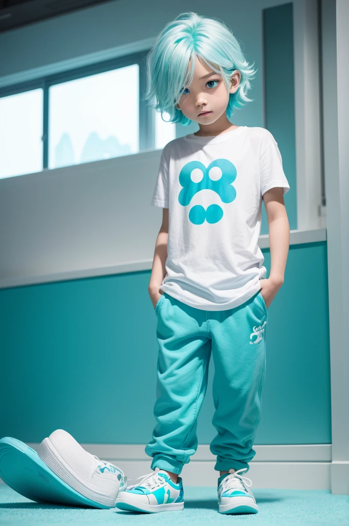 Disney Pixar Cartoon a movie thrill fun mind disney pixar 3d style, a boy with turquoise and cyan skin, eye white, long white hair, cyan shirt, White pants, blue Shoe