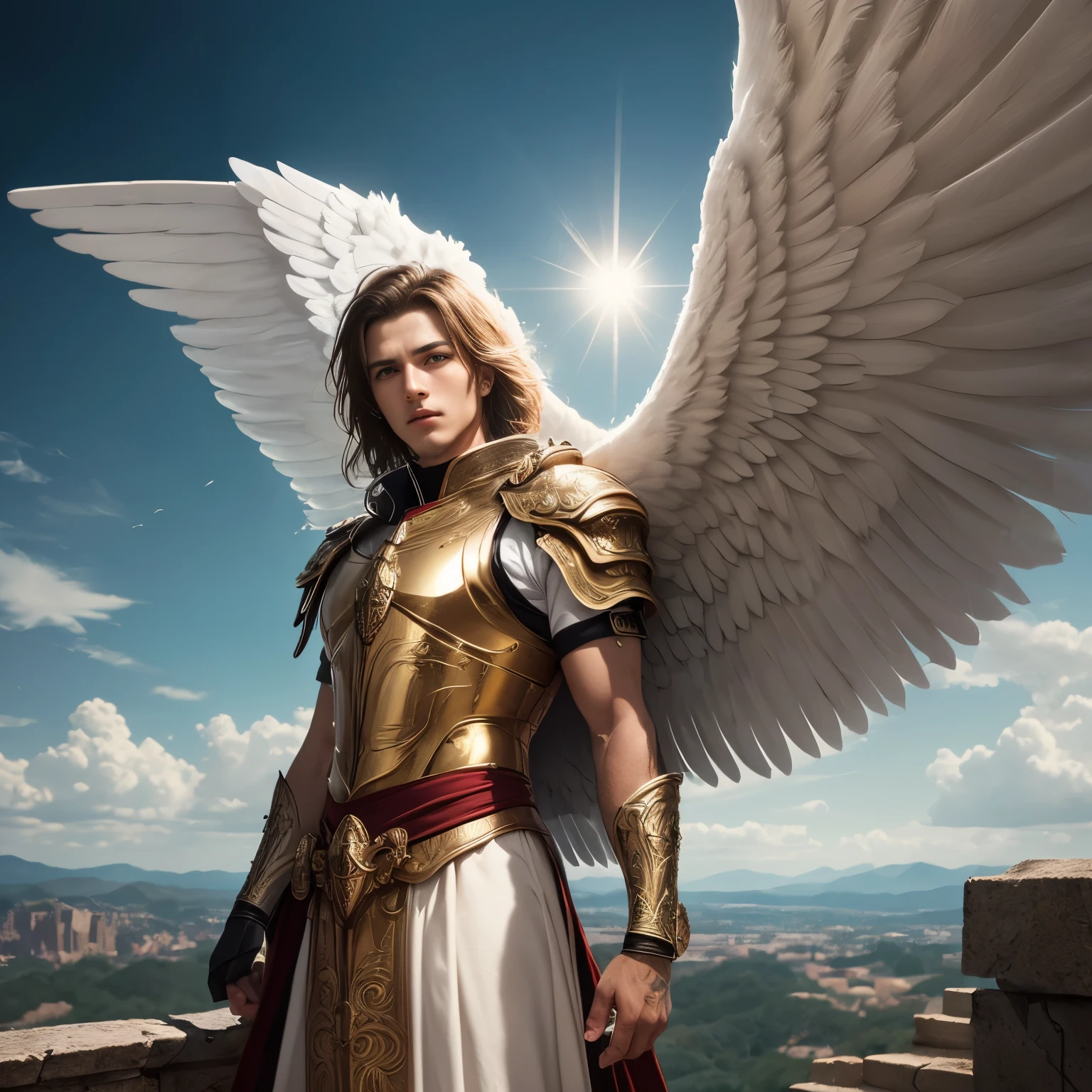 Tall male angel, Archangel Gabriel, War Angel, Front view of the face, The scene takes place in the Heavenly Palace, He stood on the steps, (A cold overlook:1.3), Looking at the audience, Open huge angel wings, Pure white big wings, Detailed face and eyes,sacred,Holy Light,(best quality, masterpiece, Human Development Report, Ultra HD, 16potassium, professional, Official Art, Very detailed:1.3), (Practical, photo-Practical, RAW photos:1.4), (Extremely refined, Astonishing), Rim Light, Dramatic Lighting, Bright colors, Bokeh, potassium