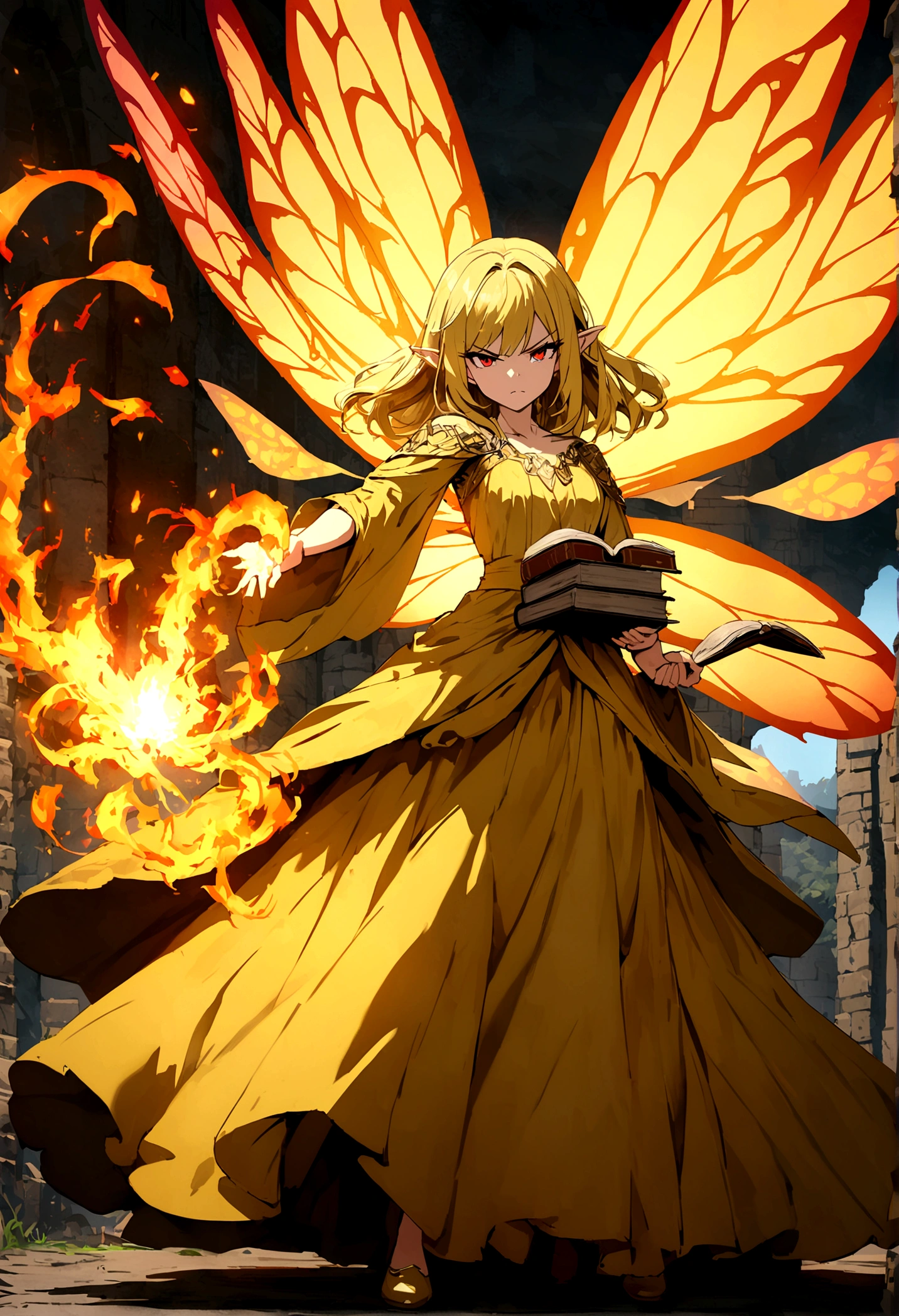 Fairy girl with wings and a book in hand, Classic Long Dress, Fairy Wings, Red eyes and Blonde Hair, Golden Hair, Serious face, Magic, arcane powers, RPG Character, pointy ears, look serious, casting a spell, casting a fire spell, fire, 4k, full hd