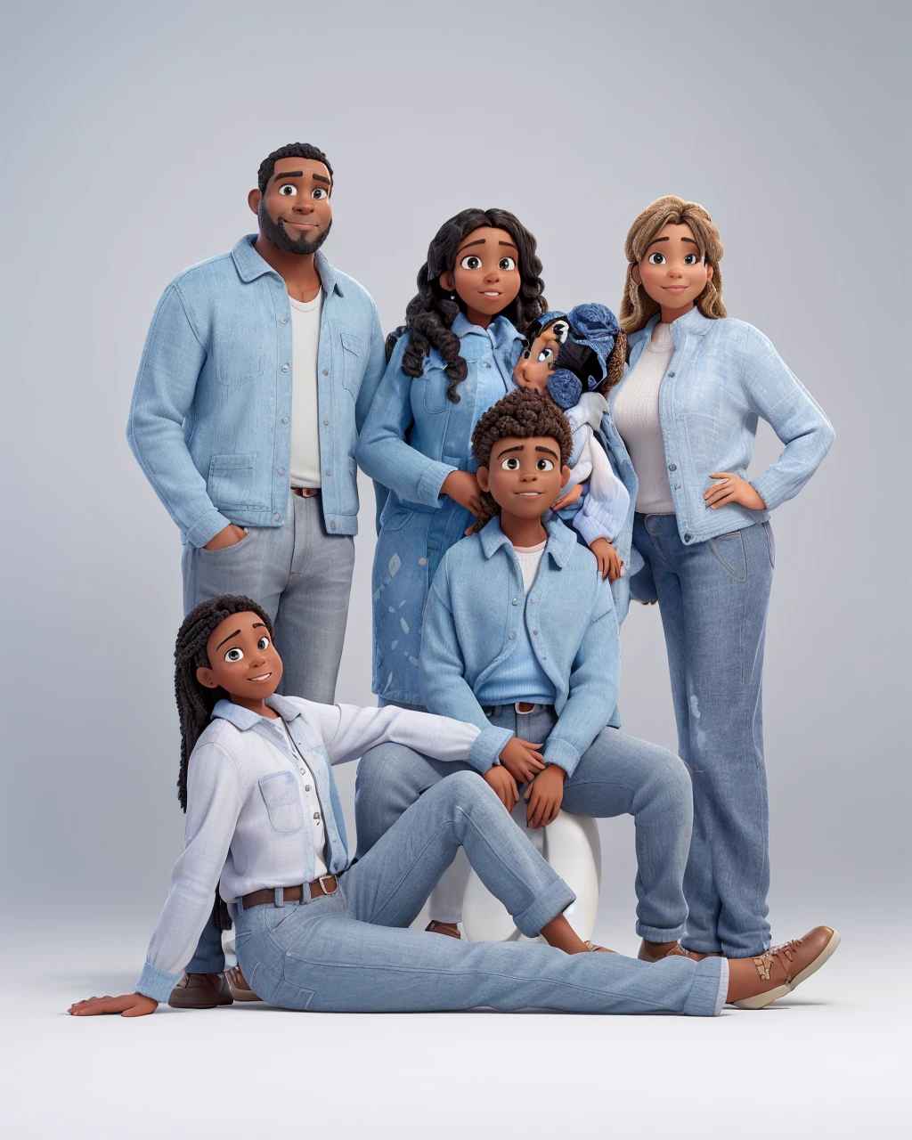 a Disney Pixar movie poster showing an average brown-skinned family. The father is the tallest, Tem barba curta, preta, cabelos curtos e escuros. The mother has black eyes and black hair, crespo na altura dos ombros. A tem 4 anos e cabelos castanhos crespos, roupa rosa. The background is a beach garden. 3D-rendering