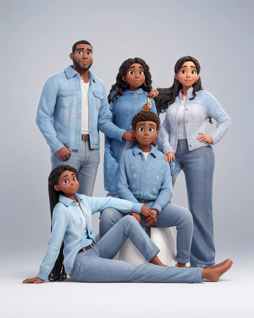 a Disney Pixar movie poster showing an average brown-skinned family. The father is the tallest, Tem barba curta, preta, cabelos curtos e escuros. The mother has black eyes and black hair, crespo na altura dos ombros. A  tem 4 anos e cabelos castanhos crespos, roupa rosa. The background is a beach garden. 3D-rendering