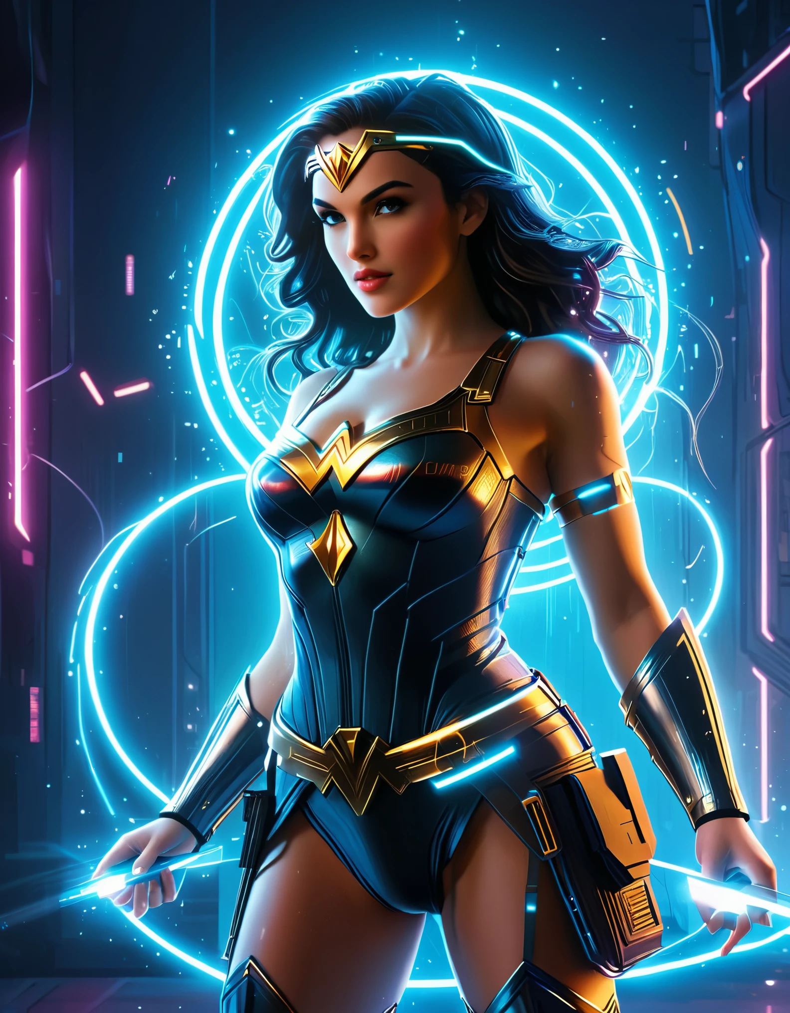 Push the boundaries of machine creativity by blending Wonder Woman with futuristic elements, creating a hyperrealistic cyborg version within the Plex environment. Hyper realistic photo, 16k, vibrant colors