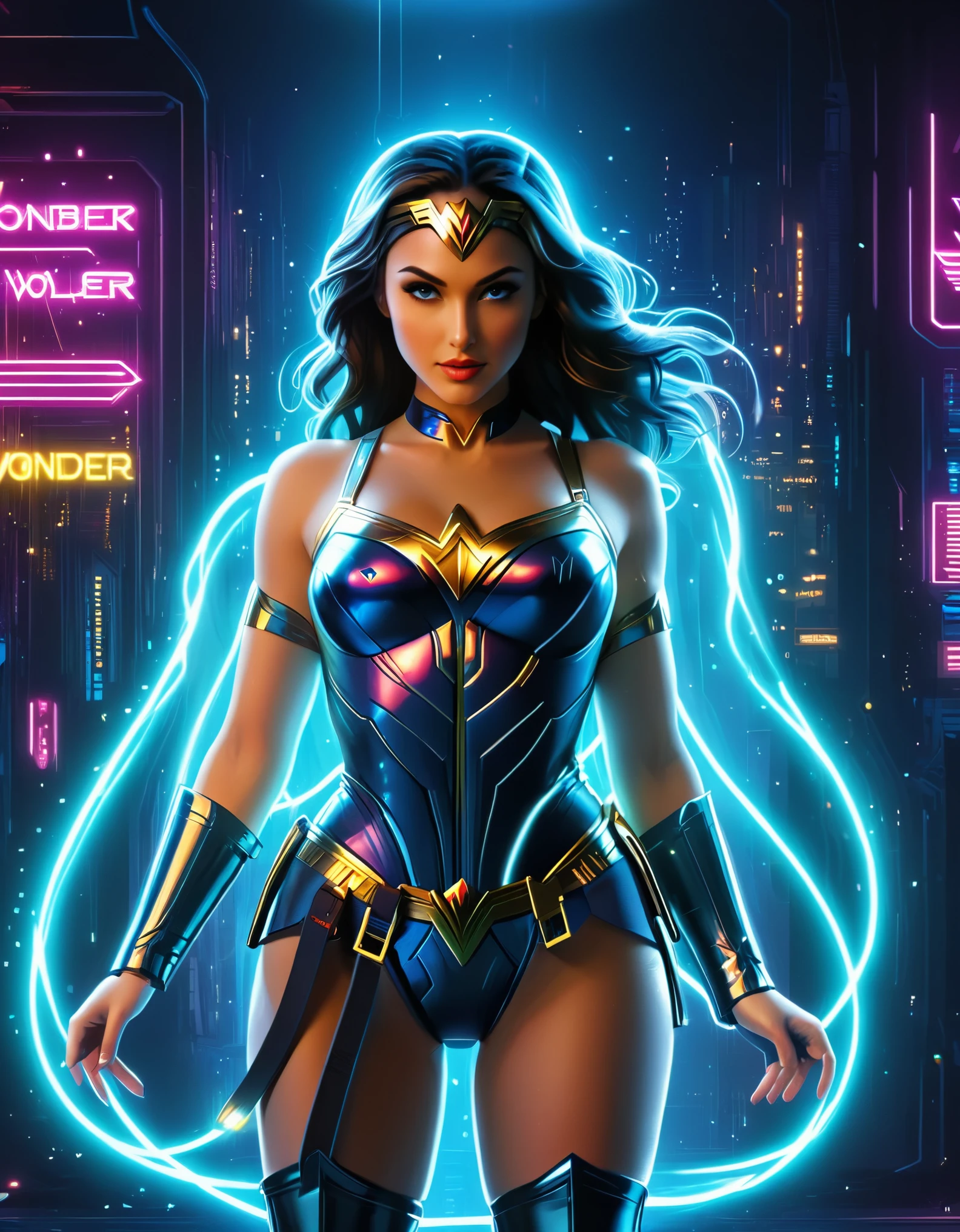 Infuse a cyberpunk aesthetic into Wonder Woman's character, creating a neon-lit, futuristic version that seamlessly integrates with the sleek Plex design.