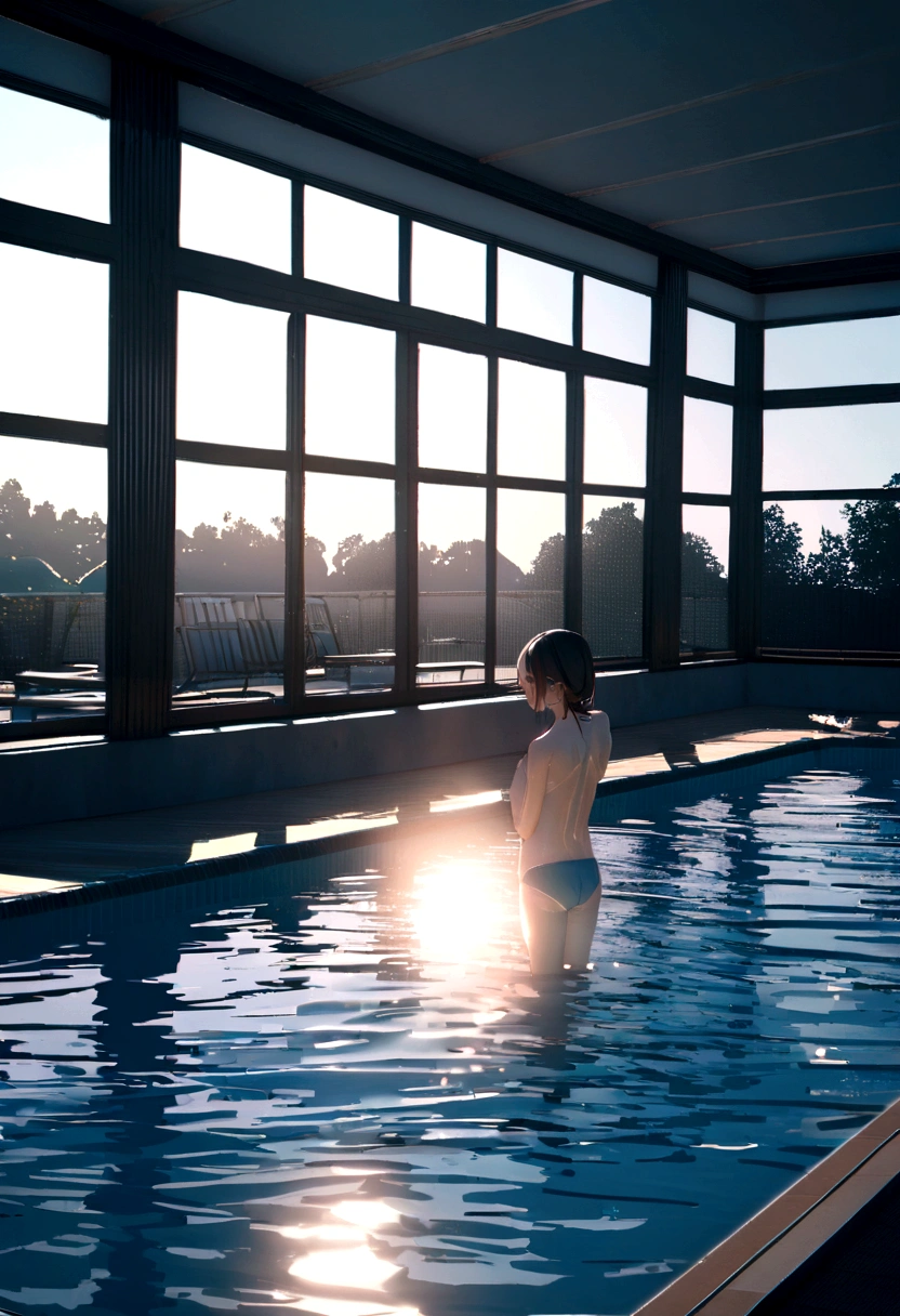 Poolside Room, soft light, warm light, Large windows, beautiful swimming pool, peaceful, peaceful, strange shape, Unusual shaped pool, 8K, best quality, Reality, Ray tracing, best tracing ray, Flourish, Reality主義者，A 14-year-old junior high school sophomore is soaking in the water with his back to the screen.，cute back view，The back of a pretty girl