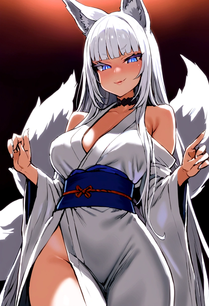 masterpiece, best quality,  kitsune 1girl, solo, beautiful kitsune woman, fox ears, bangs, white hair, very long hair, blue eyes, smug, medium breasts, black choker, shoulderless kimono, white kimono, long kimono, long kimono sleeves, blue sash, 5 white fox tails, white hair, looking at viewer 