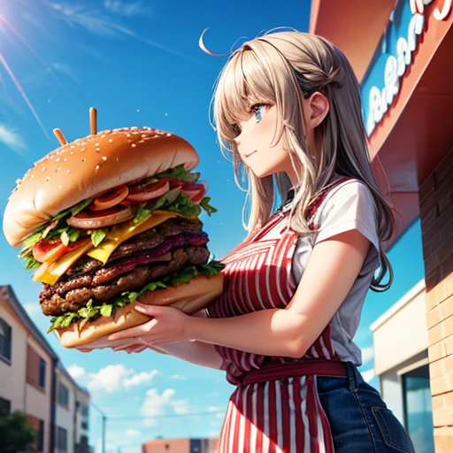 American woman making a giant hamburger