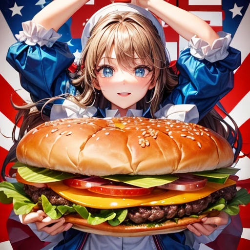 eating a hamburger cowgirl US flag fashion Vtuber style blonde hair 1girl glamorous pose master piece best quality ultra detailed
