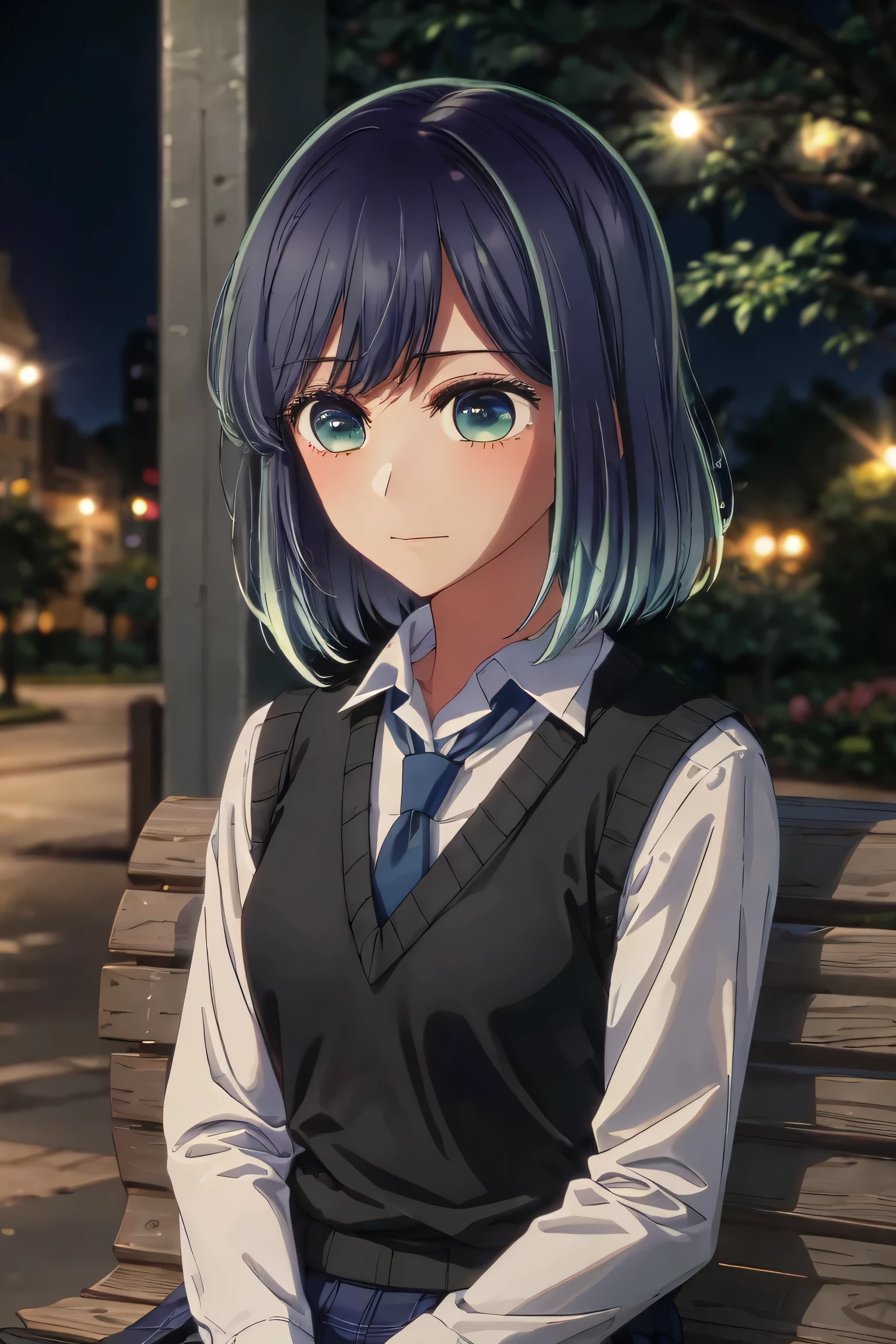 best quality, masterpiece, 1 girl, alone, detailed eyes, cheerful, very blushing, tie, shirt, blue tie, blue hair, white shirt, long sleeves, medium hair, collared shirt, vest, indoors, bangs, vest, closed mouth, green eyes, multicolored hair, black vest, short hair, bleached hair, blue eyes, skirt, night, flower park background, sitting on a bench, leaning on the back of the bench,