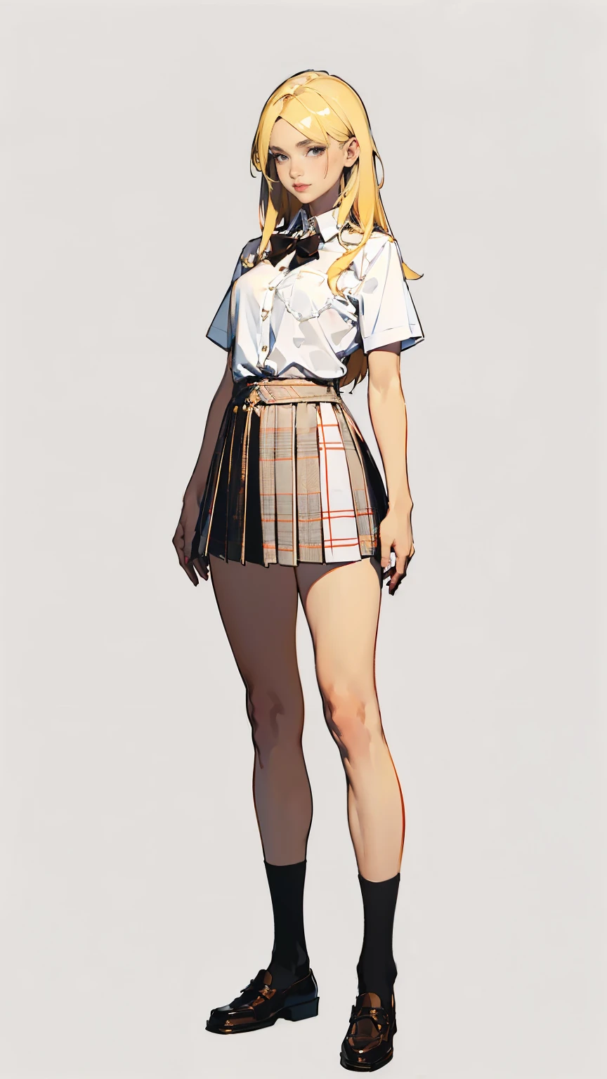 ((best quality,4k,highres,masterpiece:1.2)),((character concept art)), 1 female, teenage female, -yeld As beauty queen, ((blonde shoulder-length hair)), bleached hair, (tan skin colour), ultra finely detailed eyes (brown eyes colour), confident, beautiful, , slim body build, ((intricate detail)), super finely detailed hands, ultra finely detailed fingers(((ten fingers))), wearing cropped white short sleeves school shirt with loosened bowtie, plaid mini school skirt, thigh-high school socks, and black school loafers, (standing provocatively), (full body showcase), (show full body), (no logos on background), (no logo), ((plain background)), ((plain background)), (((empty background)))