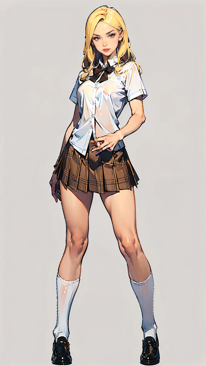 ((best quality,4k,highres,masterpiece:1.2)),((character concept art)), 1 female, teenage female, -yeld As beauty queen, ((blonde shoulder-length hair)), bleached hair, (tan skin colour), ultra finely detailed eyes (brown eyes colour), confident, beautiful, , slim body build, ((intricate detail)), super finely detailed hands, ultra finely detailed fingers(((ten fingers))), wearing cropped white short sleeves school shirt with loosened bowtie, plaid mini school skirt, thigh-high school socks, and black school loafers, (standing provocatively), (full body showcase), (show full body), (no logos on background), (no logo), ((plain background)), ((plain background)), (((empty background)))