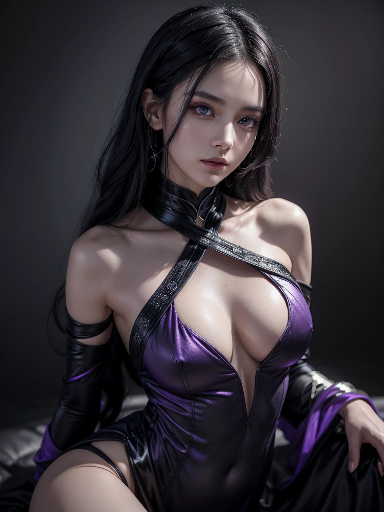 a beautiful slender attractive enchantress woman, with long braided bluish black hair, purple eyes, wearing a long low-cut black diamond dress with silver details,