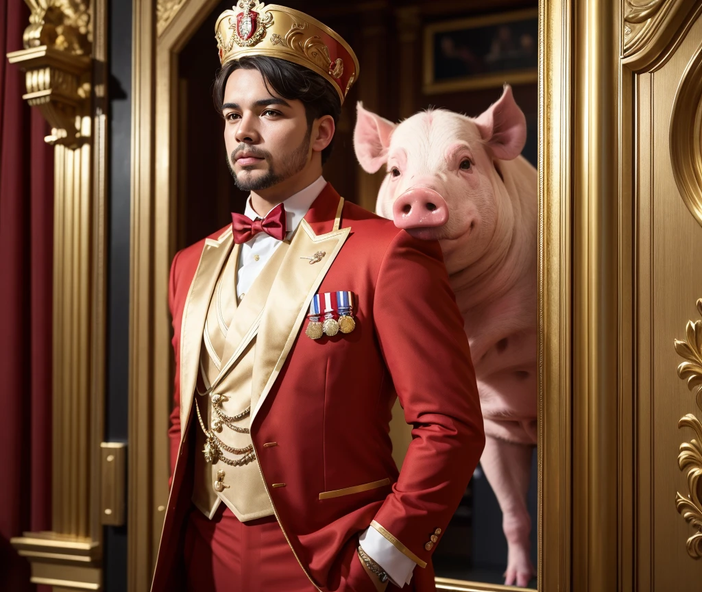 A very detailed photograph of a pig , , , looking in front of the camera, fuller body, red and gold royal suit, red and gold colors, chic, attraction, with mischievous look, serious expression, in Christ the Redeemer.