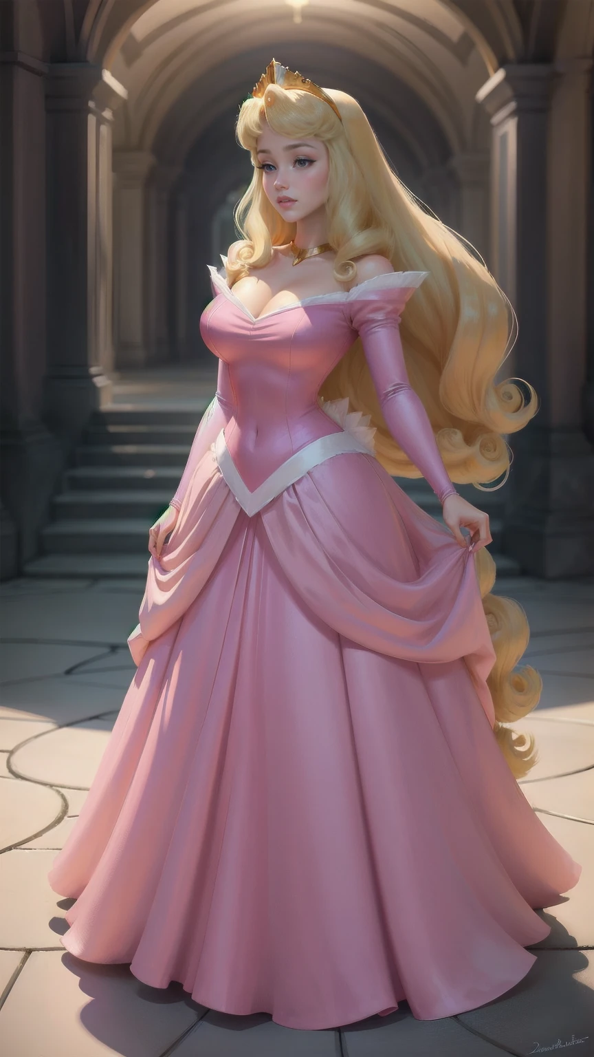 ((Full body photo, standing, on the ground))  shoulders exposed, navel exposed,
((1 girl)), Masterpiece, (high quality, best render), (beautiful girl, aurora), (bomb, pin-up style), hot, floss, perfect body, 4k hd, disney princess, beautiful female princess, anime princess, hd artwork, official art, disney cartoon, beautiful princess, long thin legs, large breasts, sexy pose, a cartoon princess in a pink dress with a white crown, aurora, disney's princess, sleeping beauty fairytale, blonde - haired princess, disney princess, disney character, princess, princess peach), lovely languid princess, disney character style, princess peach, wearing a pink ballroom gown, beautiful princess, ballroom background 