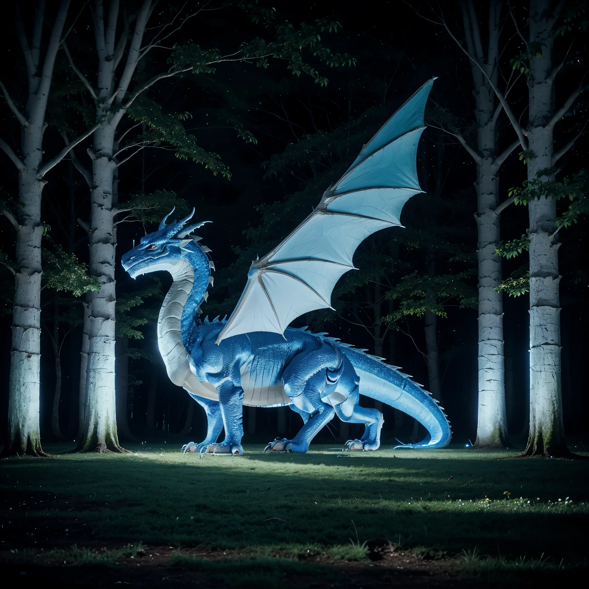 giant dragon, winged, majestic, ancestral white and blue, lying in a forest enchanting with night glow