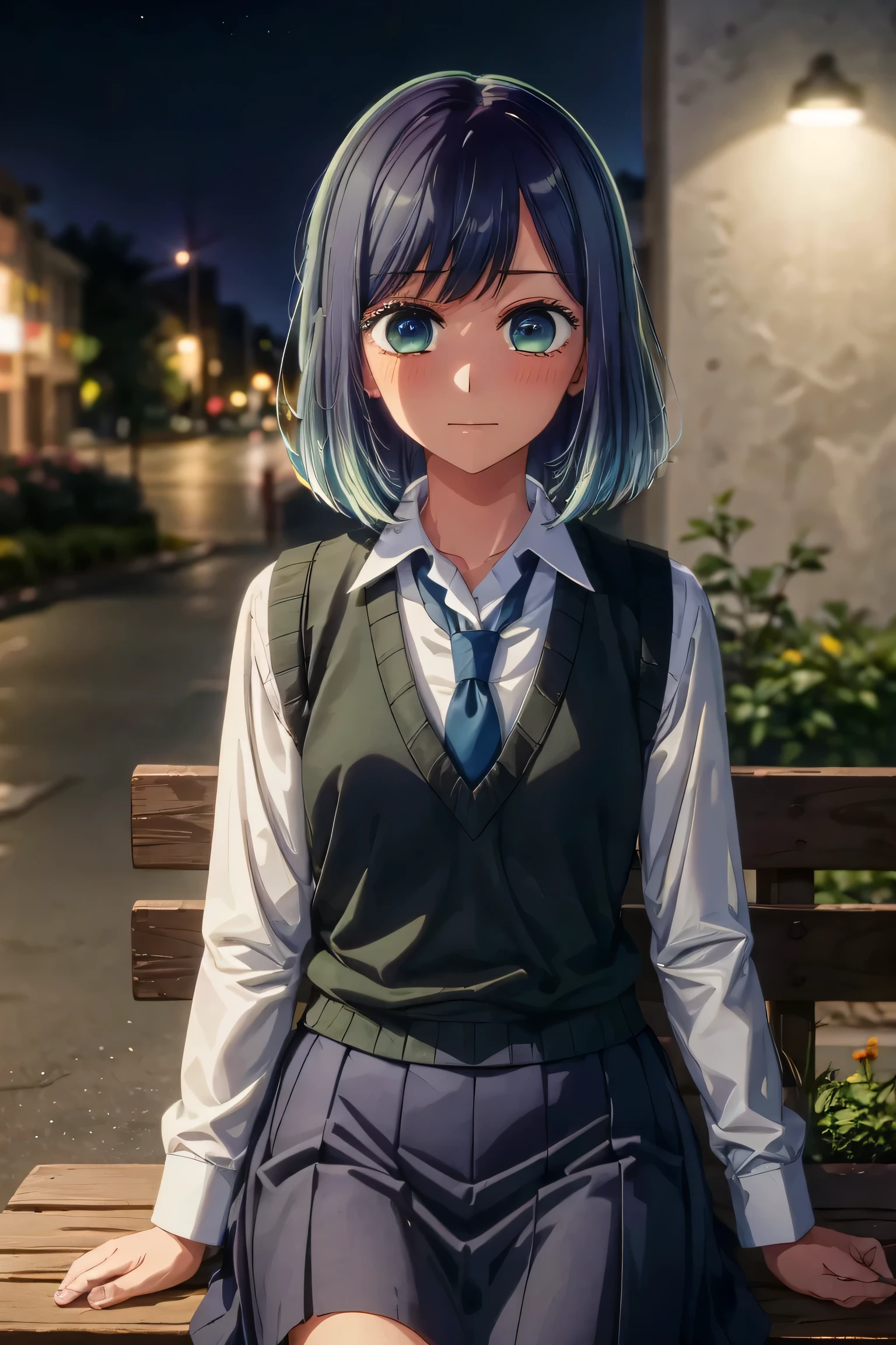 best quality, masterpiece, 1 girl, alone, detailed eyes, cheerful, very blushing, tie, shirt, blue tie, blue hair, white shirt, long sleeves, medium hair, collared shirt, vest, indoors, bangs, vest, closed mouth, green eyes, multicolored hair, black vest, short hair, bleached hair, blue eyes, skirt, night, flower park background, sitting on a bench, leaning on the back of the bench,