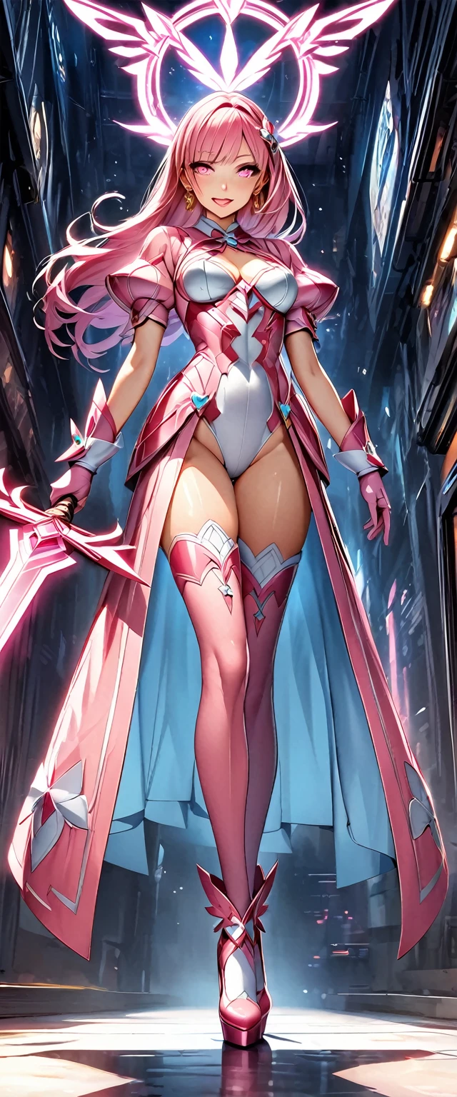 (Perfect Anatomy)、Mastepiece、Ultra High Quality、 8K、masterpiece、Highest quality、Ultra-high resolution、Maximum resolution、Very detailed、Professional Lighting、anime、woman、thin、so beautiful、Highly detailed eye、Highly detailed face、Golden earrings、Pink Hair,、Pink eyes、Mid-chest, pink lips, upper arm pink armor, white leotard, pink pattern, full body, magical girl, Angel Girl, Are standing, pink thigh high stockings, white super long boots, pink gauntlet, high heels, hime cut, bridal hair accessory, Summoning a magic sword, pigeon toed, glowing eyes, ;d