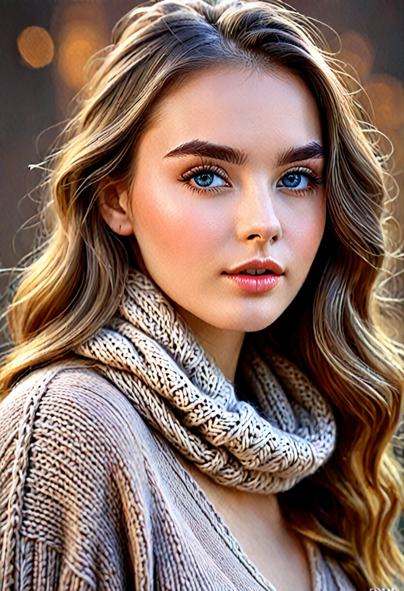 A girl wearing knitted clothes, beautiful detailed eyes, beautiful detailed lips, extremely detailed eyes and face, long eyelashes, intricate knit patterns, soft and cozy texture, warm and earthy color palette, natural lighting, photorealistic, highly detailed, (best quality, 4k, 8k, highres, masterpiece:1.2), ultra-detailed, (realistic, photorealistic, photo-realistic:1.37), HDR, UHD, studio lighting, ultra-fine painting, sharp focus, physically-based rendering, extreme detail description, professional, vivid colors, bokeh, portrait