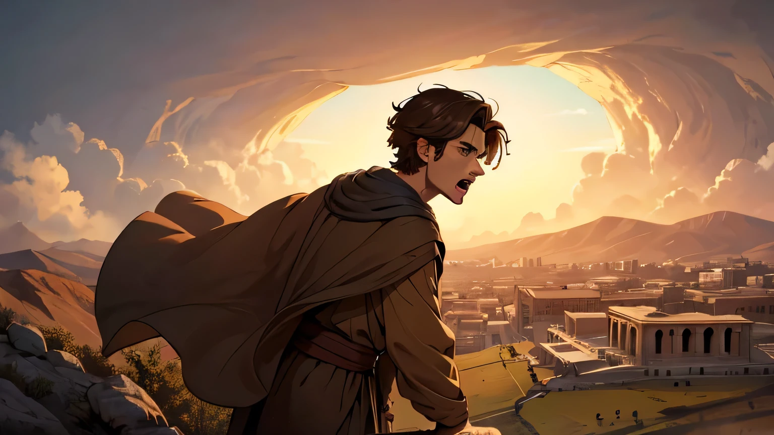 Prophet Joel, young man with short dark brown hair, and ancient poor man's clothing from the 1st century BC, dark brown, light brown eyes, 25 years old, shouting on the hill of Israel from the 4th BC, detailed eyes