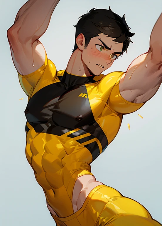 1muscular sportsman, male focus, Yellow and black tight T-shirt, red shorts, pectoral squish, muscular male, muscular, pectorals are oversized, alone, look to the side, short hair, stubble, black hair, green eyes, White background, simple background, amazing quality, best aesthetics, Ridiculous, short hair, bright pupils, open lips, Sweat, Awkward, blush, best quality