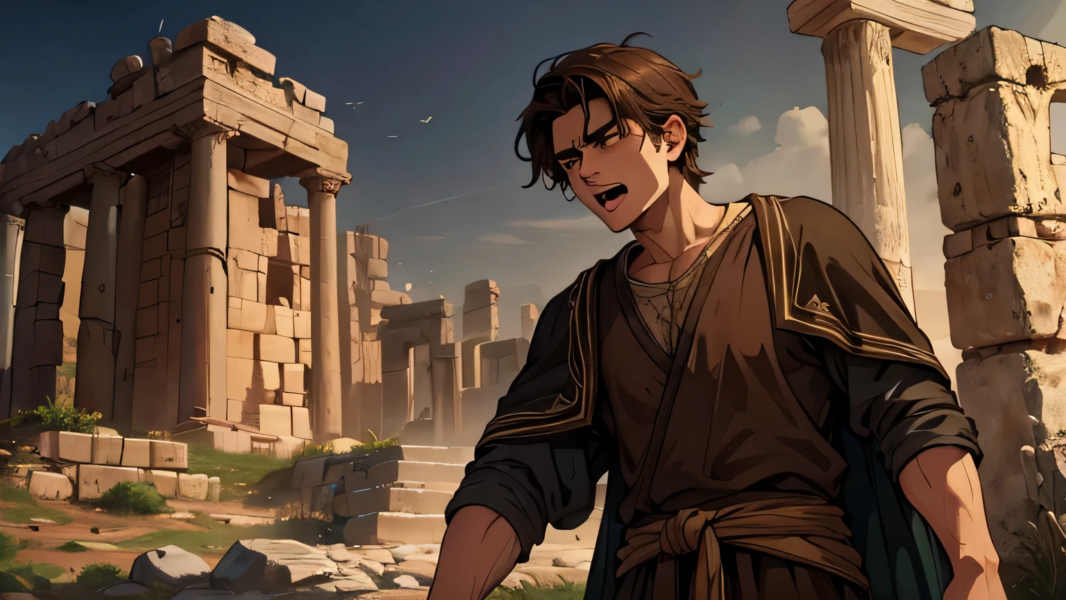 Prophet Joel, young man with short dark brown hair, and ancient poor man's clothing from the 1st century BC, dark brown, light brown eyes, 25 years old, shouting on the hill of Israel from the 4th BC, detailed eyes