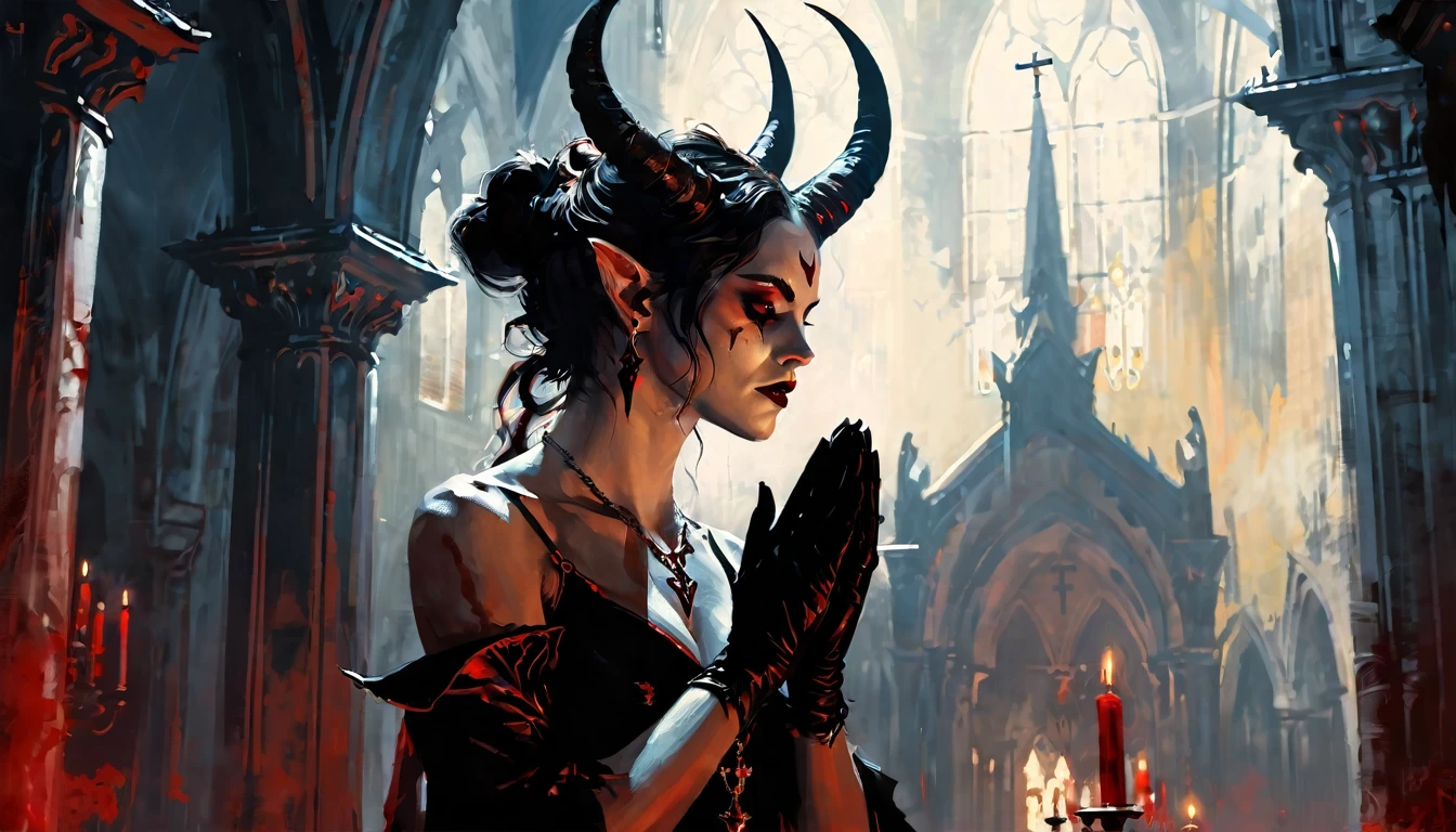 a painting of a holy succubus with horns, in prayer with upraised hands, gloves, vampire the masquerade bloodlines, incredible art, gloomy background, nimbus, church ragged vestments, darksketch, minimalism, side view