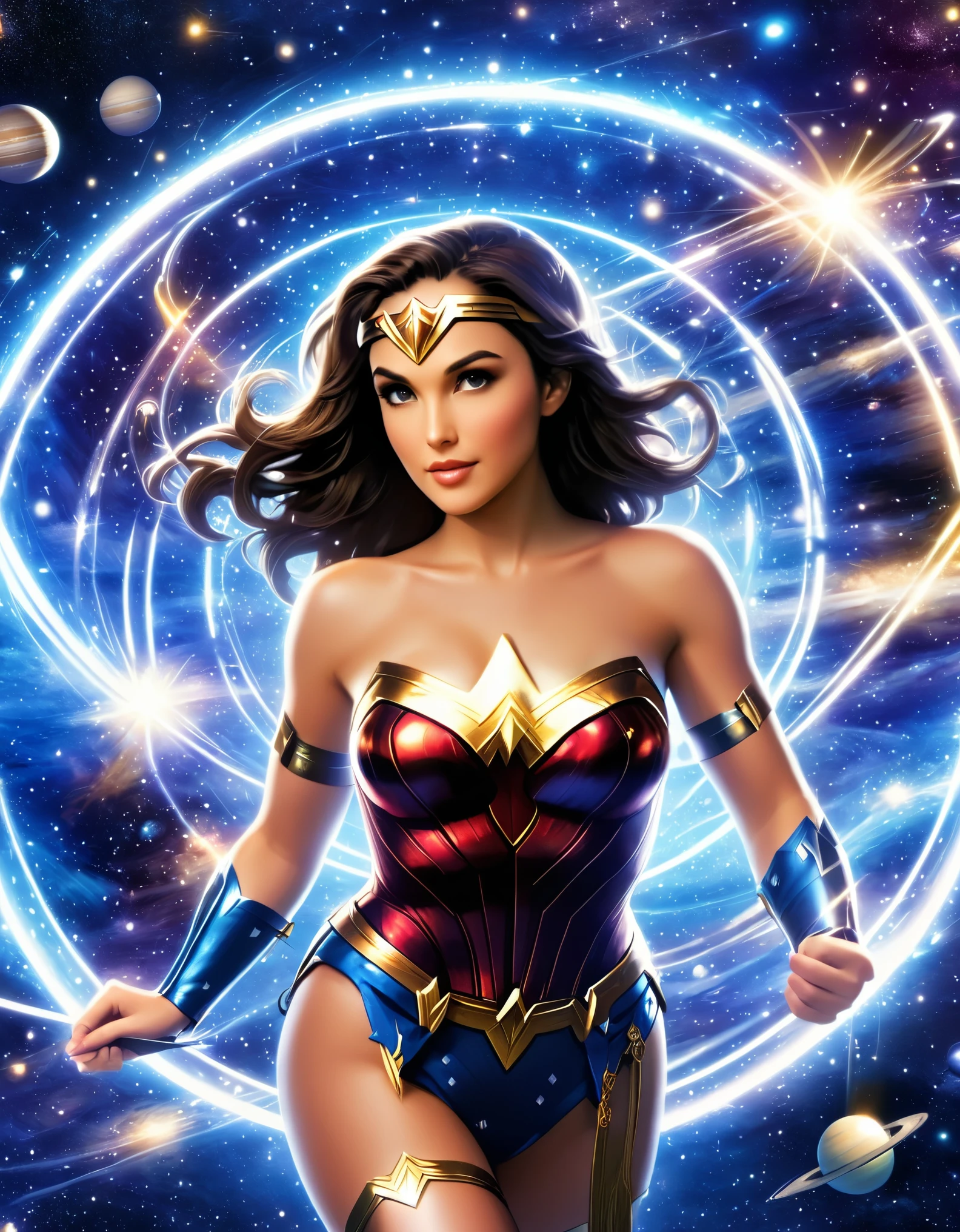 Explore Wonder Woman's cosmic potential by crafting an array of celestial versions, each embodying a different aspect of her character against a galactic backdrop.