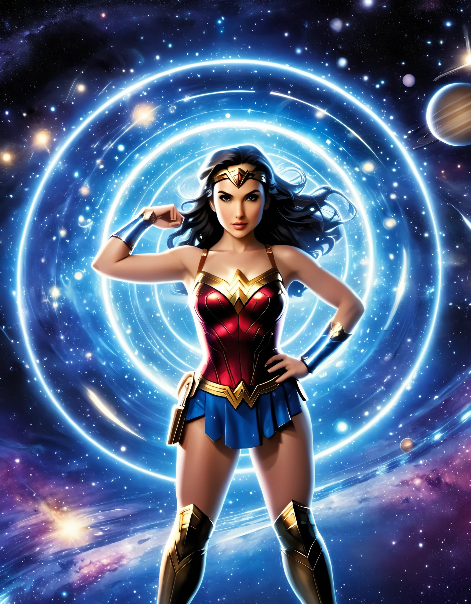 Explore Wonder Woman's cosmic potential by crafting an array of celestial versions, each embodying a different aspect of her character against a galactic backdrop.