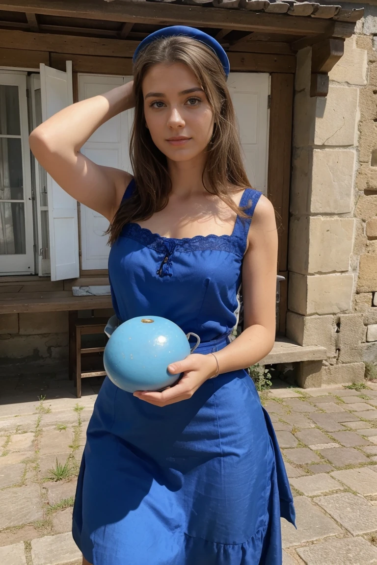 Lucie en serveuse avec une grosse poitrine en tablier bleu
