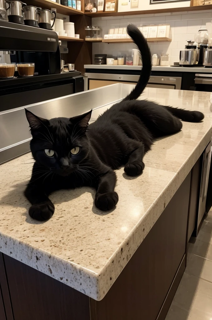 A black cat lying on a coffee shop counter that has some spatial details