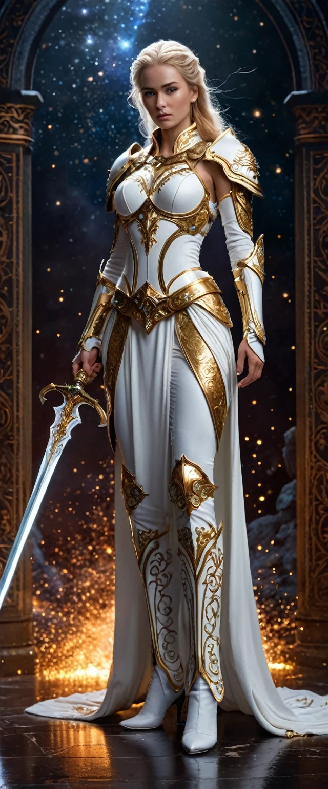 ((Full body photo, standing, on the ground)) HKStyle,Envision a striking woman in battle-worn, white armor, her presence exuding both strength and grace within a minimalist, pure white sanctum. Her armor, though predominantly pristine, is artfully adorned with a cascade of celestial motifs and intricate filigree that shimmer with a subtle iridescence. In her hand, a formidable sword with an ornate hilt and a blade that reflects a kaleidoscope of ethereal colors, as if forged from the very essence of light. The wall behind her comes alive with an explosion of vibrant, cosmic paint splatters, reminiscent of a supernova, with hues of deep purples, fiery oranges, and celestial blues that create a stark contrast against the white room and armor. The vivid paint seems to be in motion, with droplets suspended in the air, capturing the aftermath of a mythical battle. Her stance is one of defiant beauty, eyes that tell tales of ancient wars, her hair a flowing tapestry of gold that catches the light of the surrounding chaos. The scene is imbued with an otherworldly glow, adding a sense of surreal drama to the composition, making it not just a picture, but a story of the cosmos itself woven into the very fabric of her being