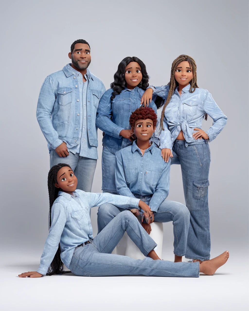 a Disney Pixar movie poster showing an average brown-skinned family. The father is the tallest, Tem barba curta, preta, cabelos curtos e escuros. The mother has black eyes and black hair, crespo na altura dos ombros. A  tem 4 anos e cabelos castanhos crespos, roupa rosa. The background is a beach garden. 3D-rendering