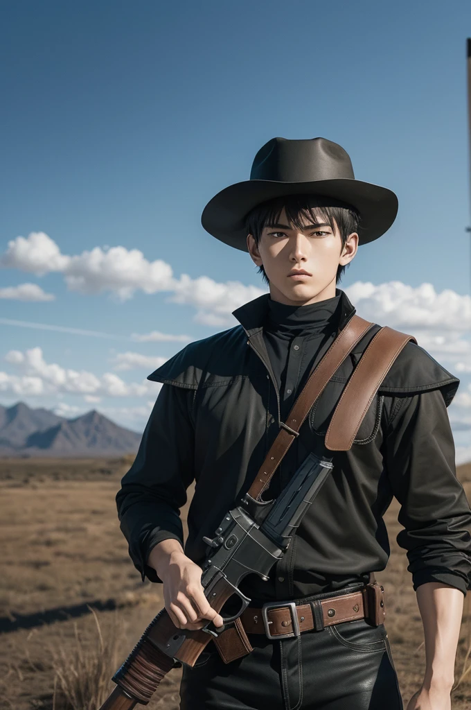  a screenshot of a panel from a serious manga, in the same vein as Berserk. In this panel there is a ager, he wears dark cowboy clothes along with a hat of the same color, he is holding a bolt-action rifle.