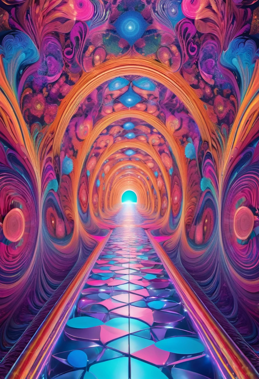 mind-bending journey through a tunnel of illusion, where fractal designs bloom like flowers and geometric shapes twist into impossible forms, all under the watchful eyes of neon-colored faces