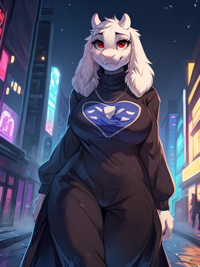 By hioshiru, by fumiko, by hyattlen, Kaori, (((Toriel))), (Female anthro:1.3), (White fur:1.1), (walking towards viewer:1.3), (Foggy night city:1.23), (Blank expression:1.3), (detailed eyes), (sharp red eyes), detailed background, 8k hd, (dark shadows, wide dynamic range, hdr, low light:1.2), (Voluptuous physique), black eyeshadow, (black turtleneck, silver necklace, black dress pants), ((Gothic)),