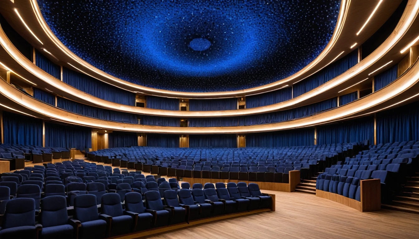 Description of the Theater’s Internal Environment:
The theater is a modern and welcoming space, with a unique configuration that places all seats in the center of the room, offering a perfect view of the 360º circular stage. The structure is predominantly made of wood, giving a feeling of warmth and tradition mixed with modern technology.
360º Stage: The central stage allows the audience to feel involved in all directions, creating an immersive experience for spectators.
Ambient Technology: The theater is equipped with advanced technology to enhance spectators' sensory experience. This includes effects such as subtle sprinkles that can be activated to simulate different atmospheric conditions, such as light fog to create a magical or dramatic atmosphere. Additionally, dynamic lighting systems and smoke effects are used to complement the ambience of each performance.
Decoration and Design: The seats are upholstered in deep blue, contrasting with the surrounding wooden environment. Ambient lighting is carefully designed to highlight the architectural details of the wooden structure, creating a warm and elegant atmosphere.
Acoustics and Sound: The theater's acoustics are adjusted to provide exceptional sound quality, ensuring that every word and musical note is clearly heard from anywhere in the room.
General Atmosphere: The environment is designed to be multifunctional, suitable for a variety of theatrical, musical performances, and special events, offering a unique and memorable experience for the public.