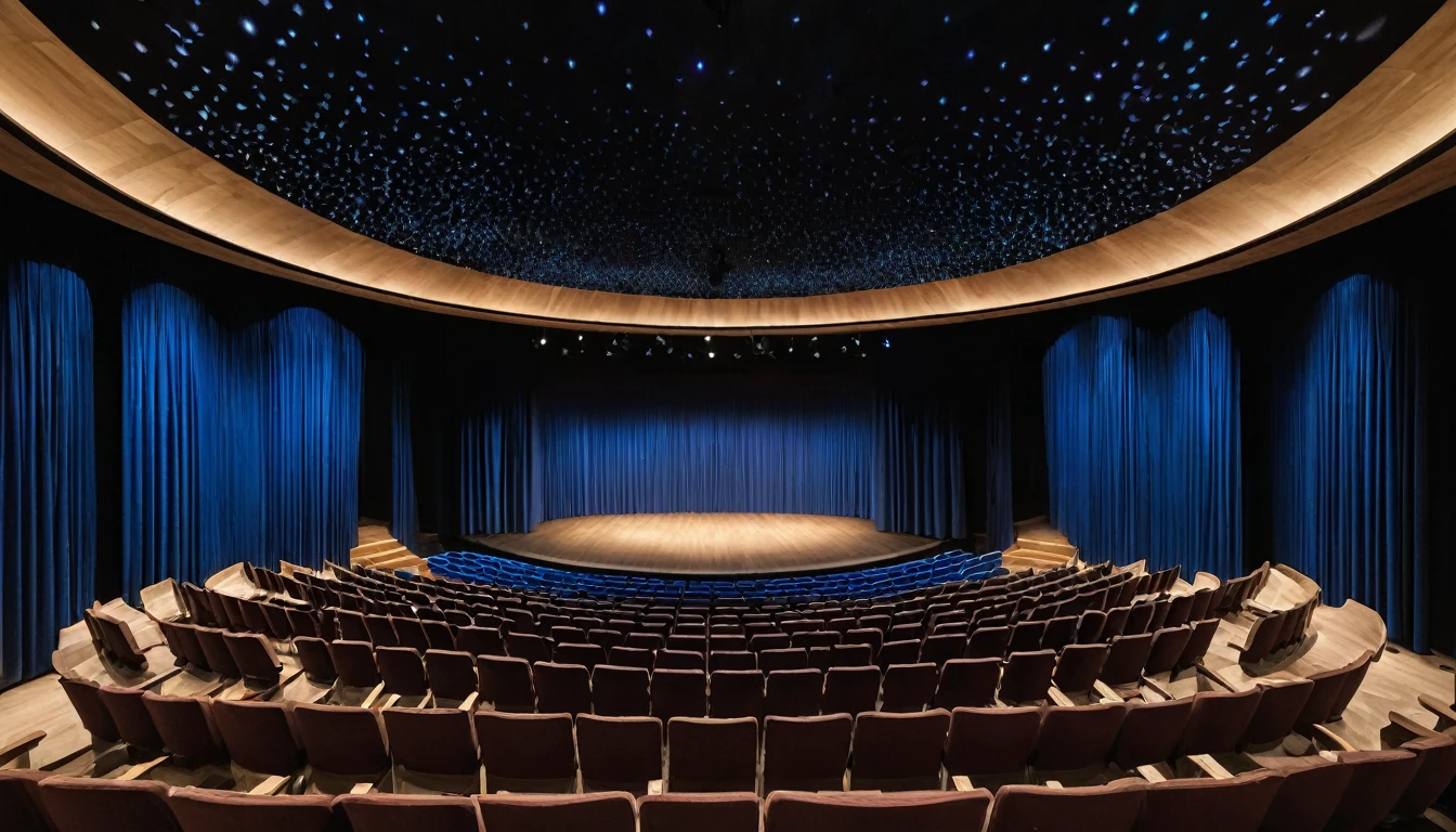 Description of the Theater’s Internal Environment:
The theater is a modern and welcoming space, with a unique configuration that places all seats in the center of the room, offering a perfect view of the 360º circular stage. The structure is predominantly made of wood, giving a feeling of warmth and tradition mixed with modern technology.
360º Stage: The central stage allows the audience to feel involved in all directions, creating an immersive experience for spectators.
Ambient Technology: The theater is equipped with advanced technology to enhance spectators' sensory experience. This includes effects such as subtle sprinkles that can be activated to simulate different atmospheric conditions, such as light fog to create a magical or dramatic atmosphere. Additionally, dynamic lighting systems and smoke effects are used to complement the ambience of each performance.
Decoration and Design: The seats are upholstered in deep blue, contrasting with the surrounding wooden environment. Ambient lighting is carefully designed to highlight the architectural details of the wooden structure, creating a warm and elegant atmosphere.
Acoustics and Sound: The theater's acoustics are adjusted to provide exceptional sound quality, ensuring that every word and musical note is clearly heard from anywhere in the room.
General Atmosphere: The environment is designed to be multifunctional, suitable for a variety of theatrical, musical performances, and special events, offering a unique and memorable experience for the public.