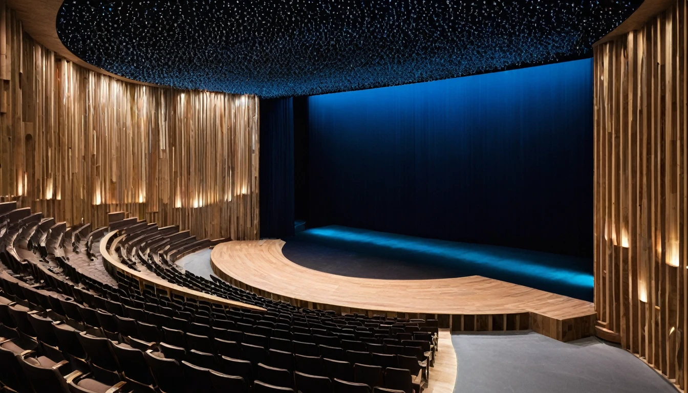 Description of the Theater’s Internal Environment:
The theater is a modern and welcoming space, with a unique configuration that places all seats in the center of the room, offering a perfect view of the 360º circular stage. The structure is predominantly made of wood, giving a feeling of warmth and tradition mixed with modern technology.
360º Stage: The central stage allows the audience to feel involved in all directions, creating an immersive experience for spectators.
Ambient Technology: The theater is equipped with advanced technology to enhance spectators' sensory experience. This includes effects such as subtle sprinkles that can be activated to simulate different atmospheric conditions, such as light fog to create a magical or dramatic atmosphere. Additionally, dynamic lighting systems and smoke effects are used to complement the ambience of each performance.
Decoration and Design: The seats are upholstered in deep blue, contrasting with the surrounding wooden environment. Ambient lighting is carefully designed to highlight the architectural details of the wooden structure, creating a warm and elegant atmosphere.
Acoustics and Sound: The theater's acoustics are adjusted to provide exceptional sound quality, ensuring that every word and musical note is clearly heard from anywhere in the room.
General Atmosphere: The environment is designed to be multifunctional, suitable for a variety of theatrical, musical performances, and special events, offering a unique and memorable experience for the public.