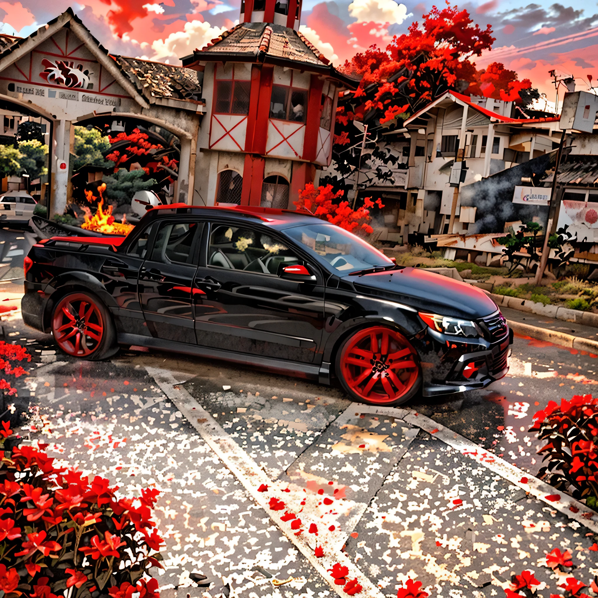 rot arafed truck parked in front of a building on a rainy day, rot lightning!!, rotten car, ❤🔥🍄🌪, discovered photo, instagram picture, instagrampost, wide body, black in the rot, black wind, vibrant rot, but dark, a little rot, only black and rot!!!, rot, com rack de teto